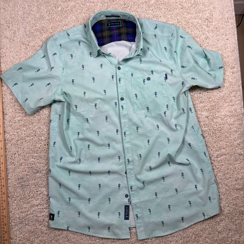 William Murray Golf Men Seahorse Print Short Sleeve Button Down Shirt Mint Green